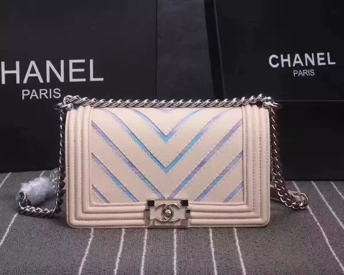 Chanel 8919 V Stitch Chain Shoulder Bag Leather Pink