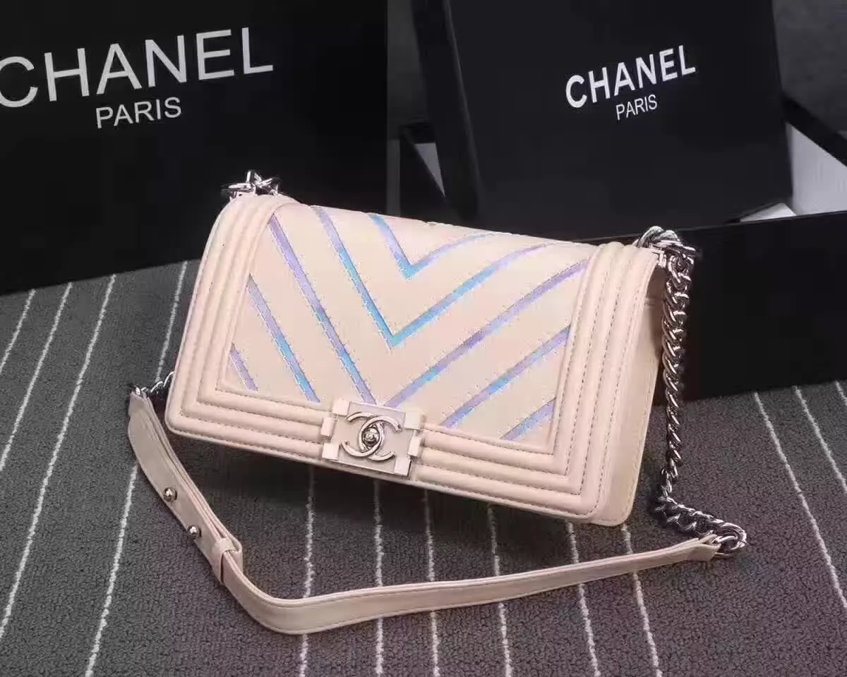 Chanel 8919 V Stitch Chain Shoulder Bag Leather Pink