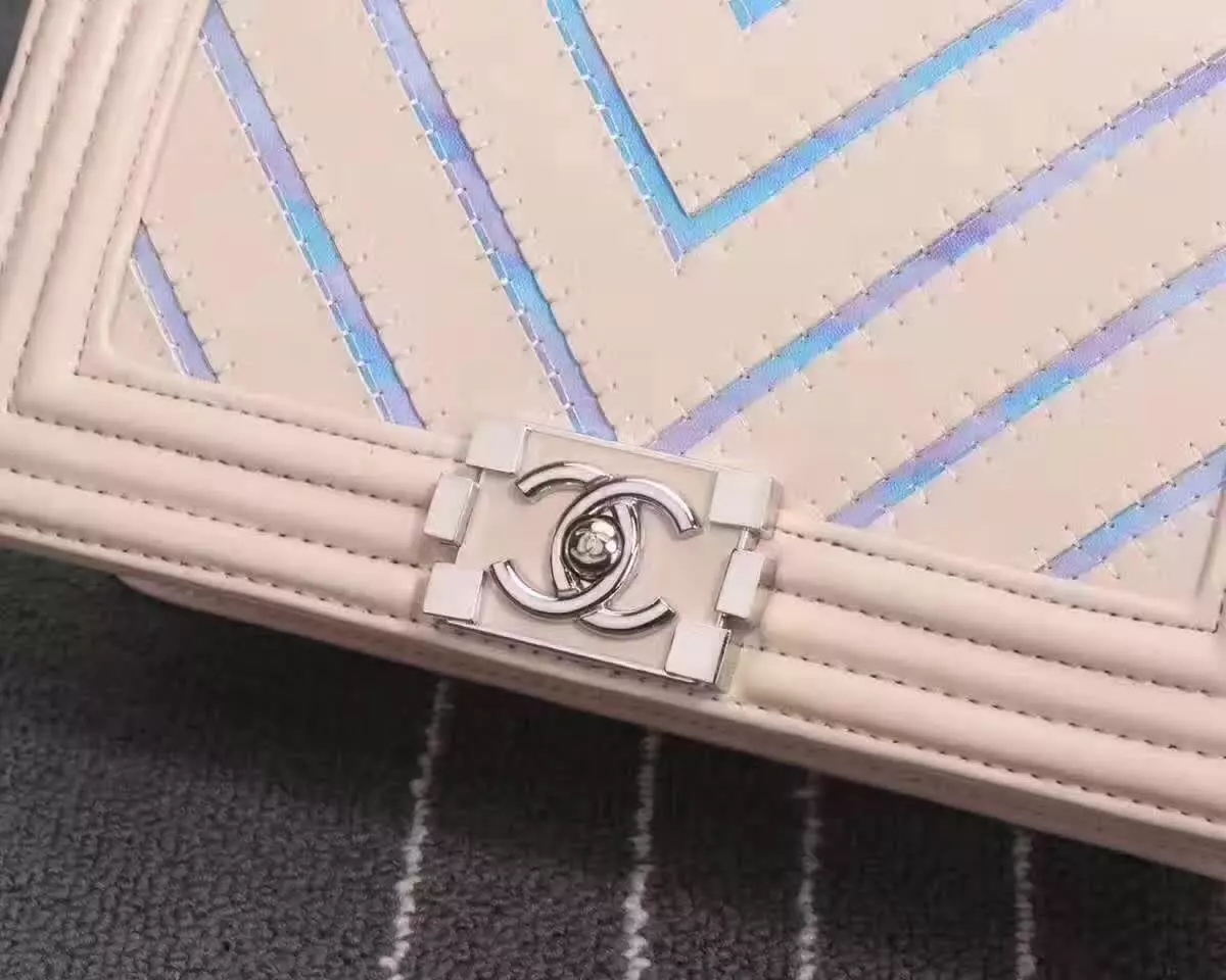 Chanel 8919 V Stitch Chain Shoulder Bag Leather Pink