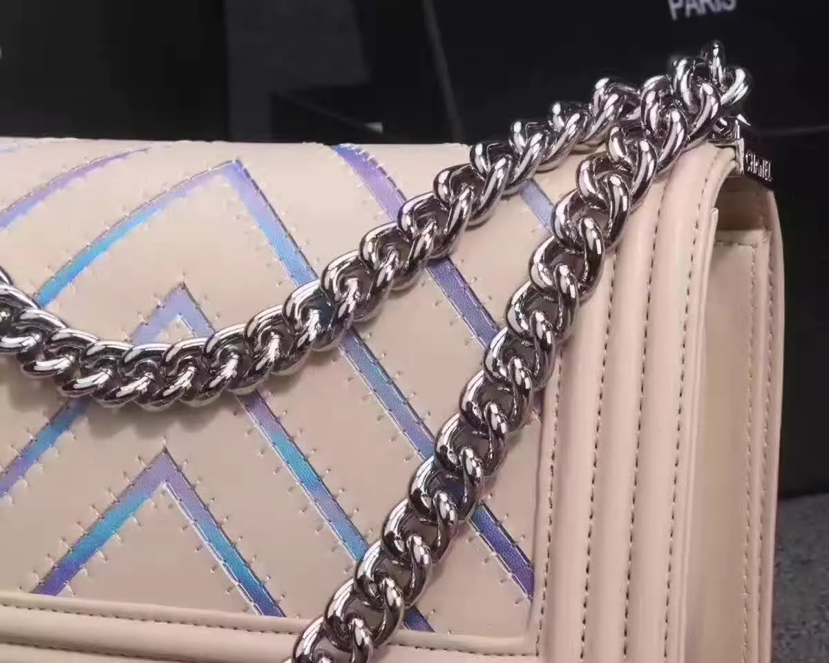 Chanel 8919 V Stitch Chain Shoulder Bag Leather Pink