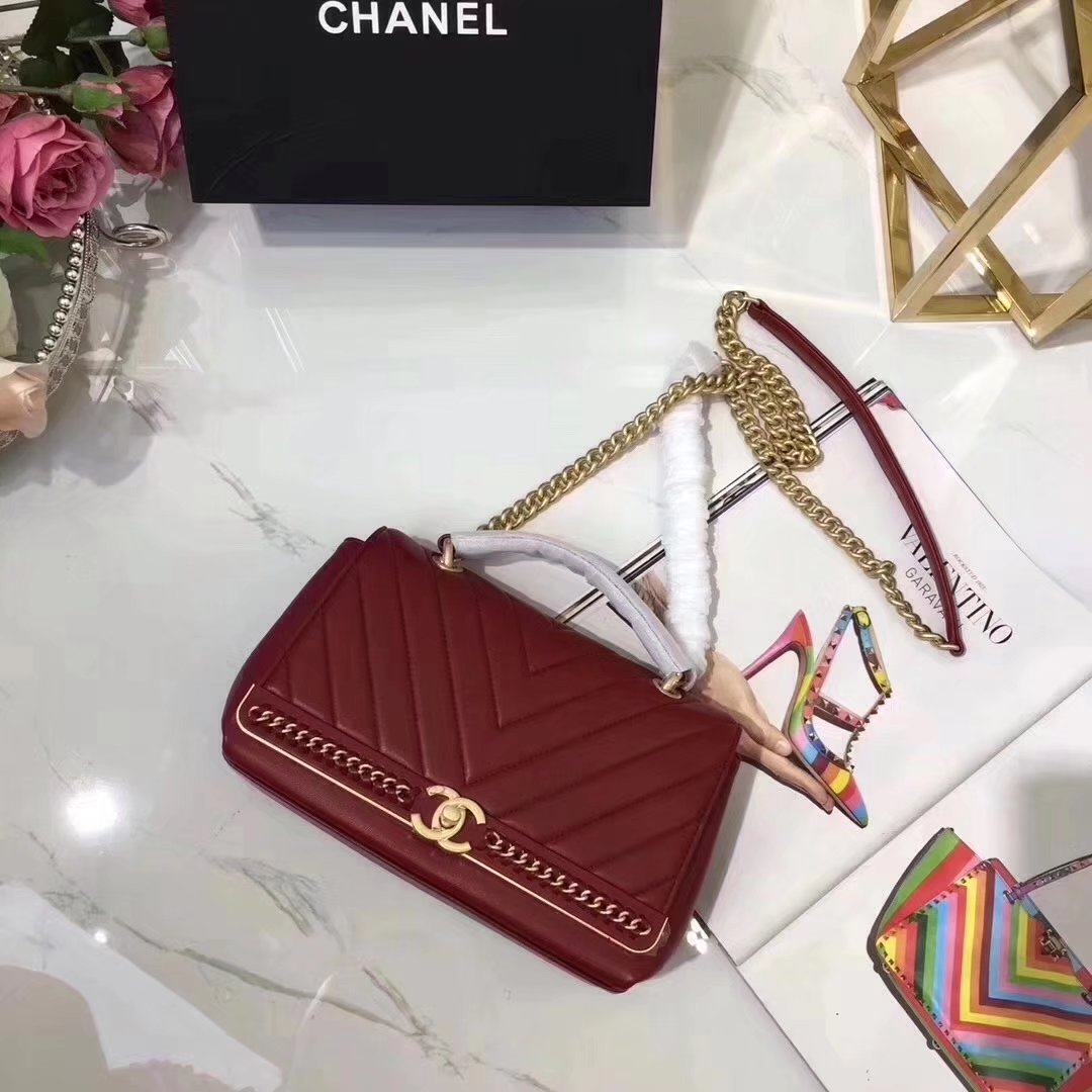 Chanel A91845 Chevron Chain Stitched Red Top Handle Flap Bag