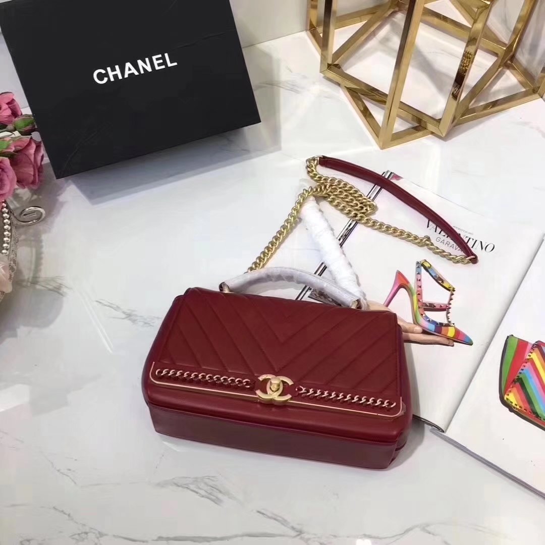 Chanel A91845 Chevron Chain Stitched Red Top Handle Flap Bag