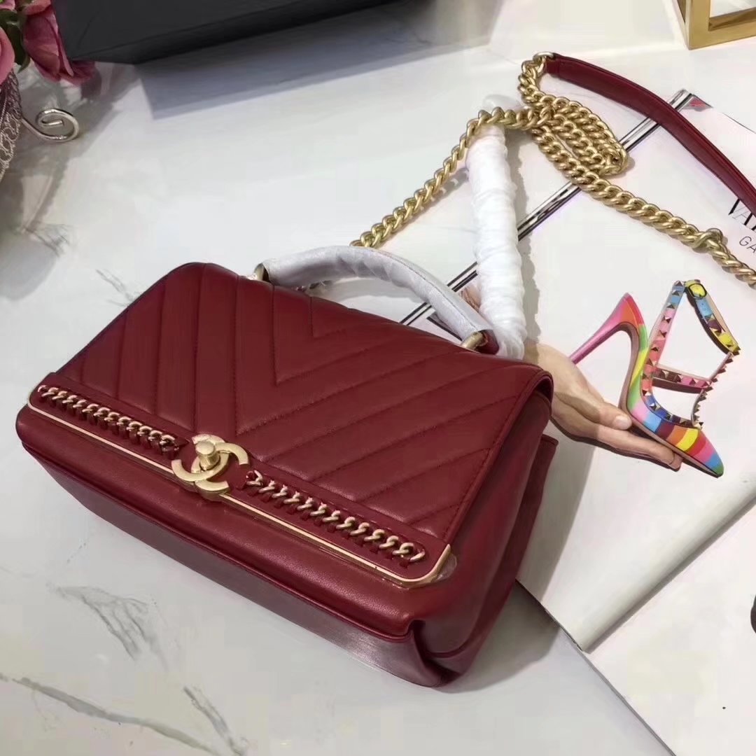 Chanel A91845 Chevron Chain Stitched Red Top Handle Flap Bag