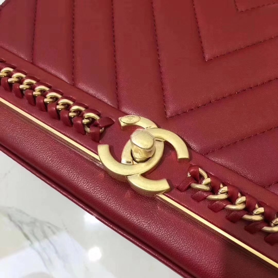 Chanel A91845 Chevron Chain Stitched Red Top Handle Flap Bag