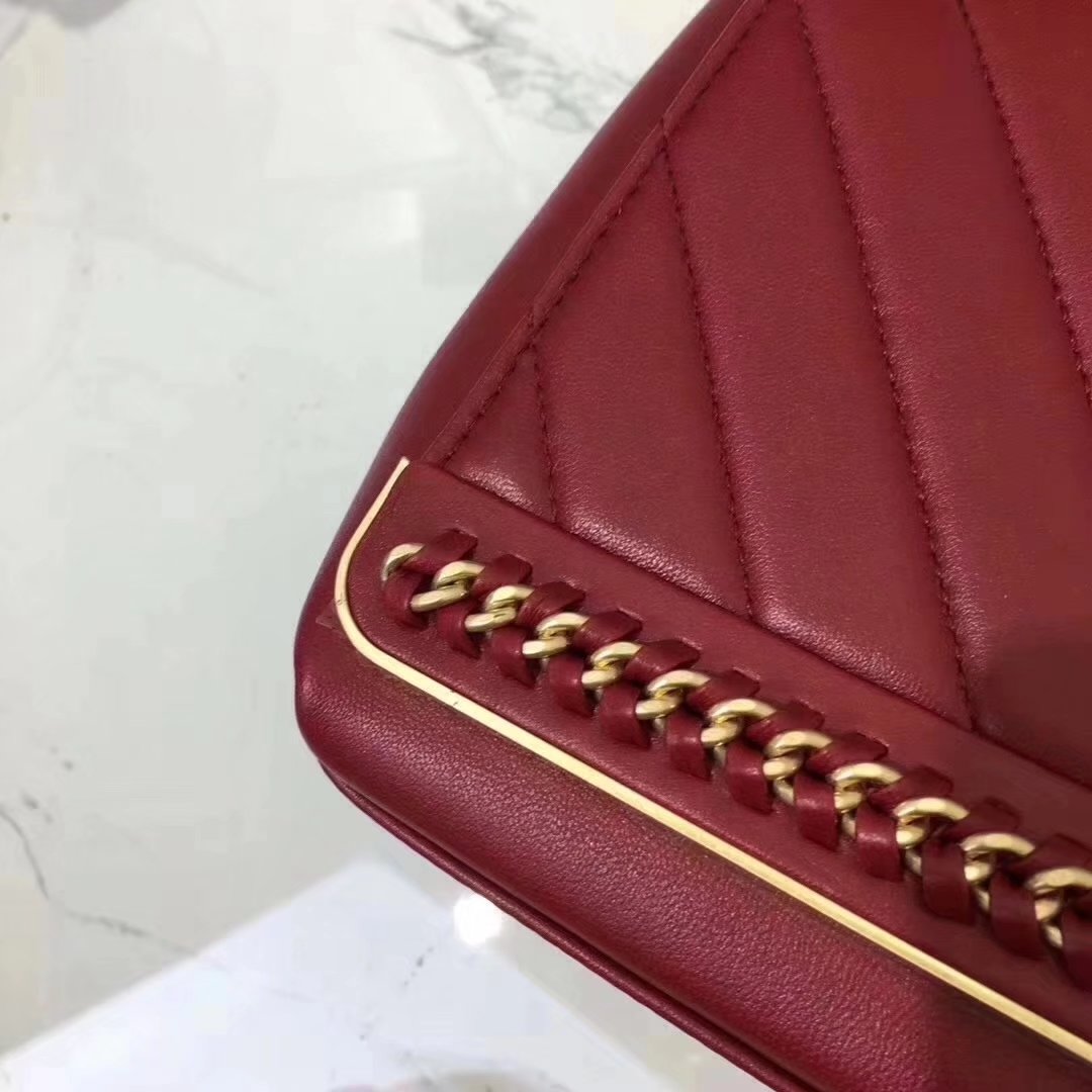 Chanel A91845 Chevron Chain Stitched Red Top Handle Flap Bag