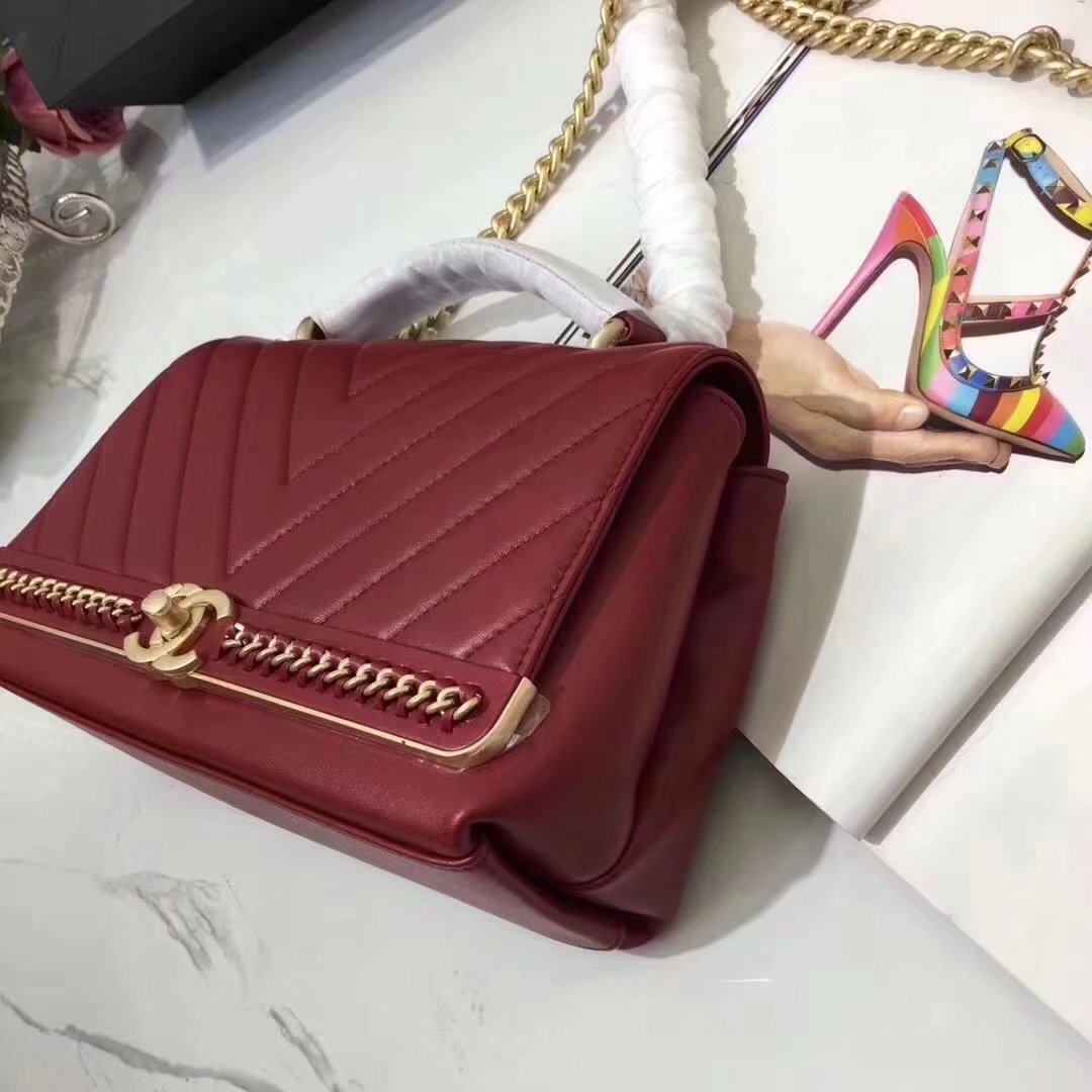 Chanel A91845 Chevron Chain Stitched Red Top Handle Flap Bag