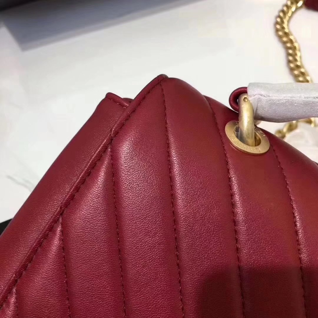 Chanel A91845 Chevron Chain Stitched Red Top Handle Flap Bag