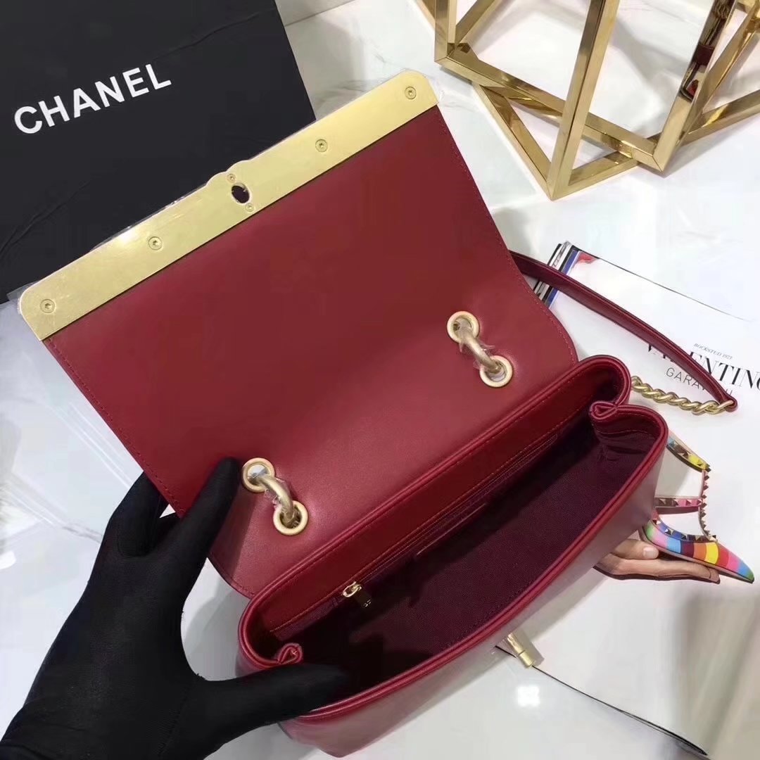 Chanel A91845 Chevron Chain Stitched Red Top Handle Flap Bag