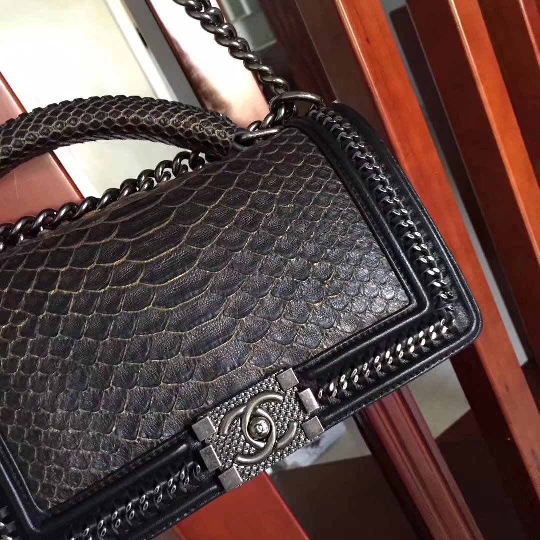 Chanel Black Python 25cm Boy Bag with Top Handle Bronze Hardware