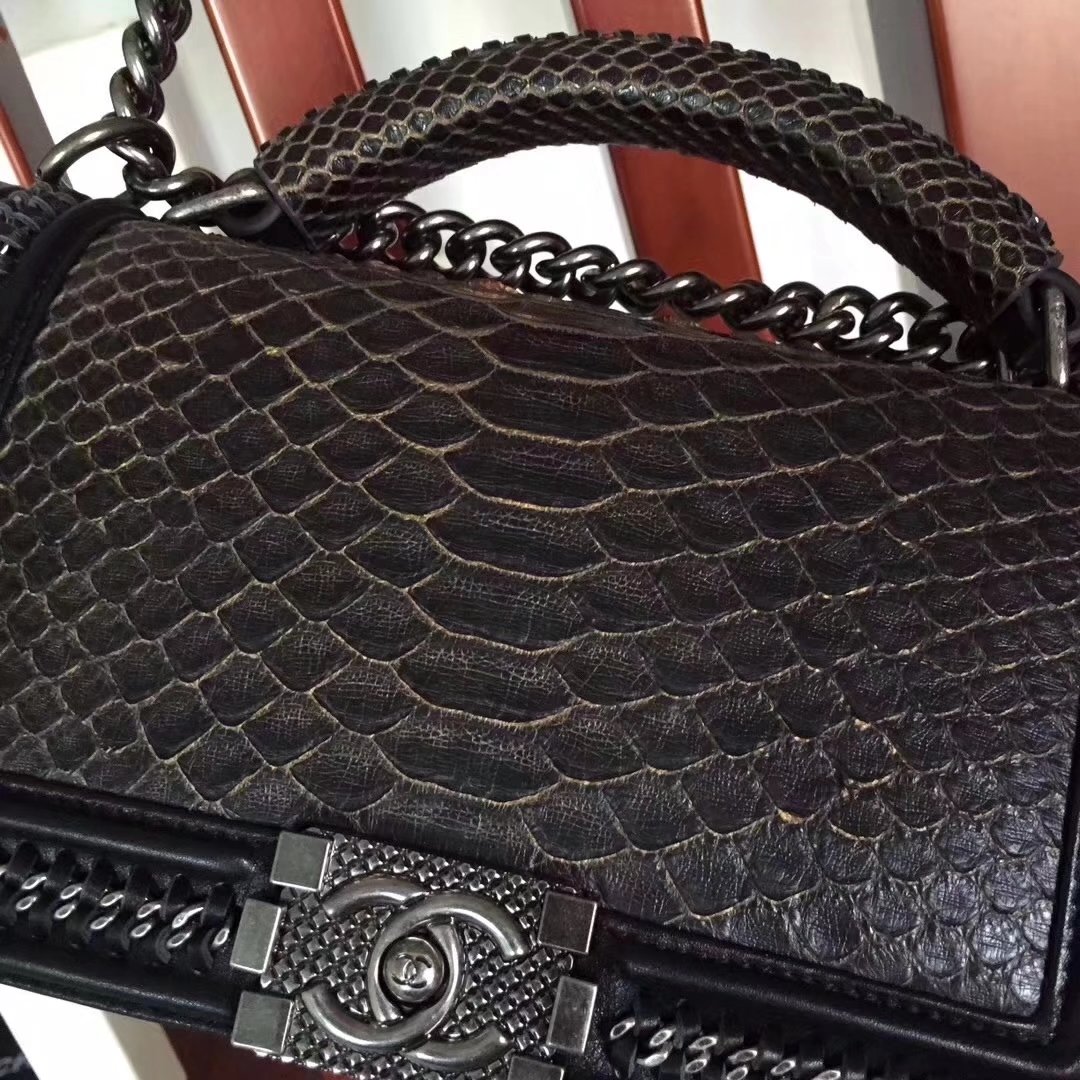 Chanel Black Python 25cm Boy Bag with Top Handle Bronze Hardware