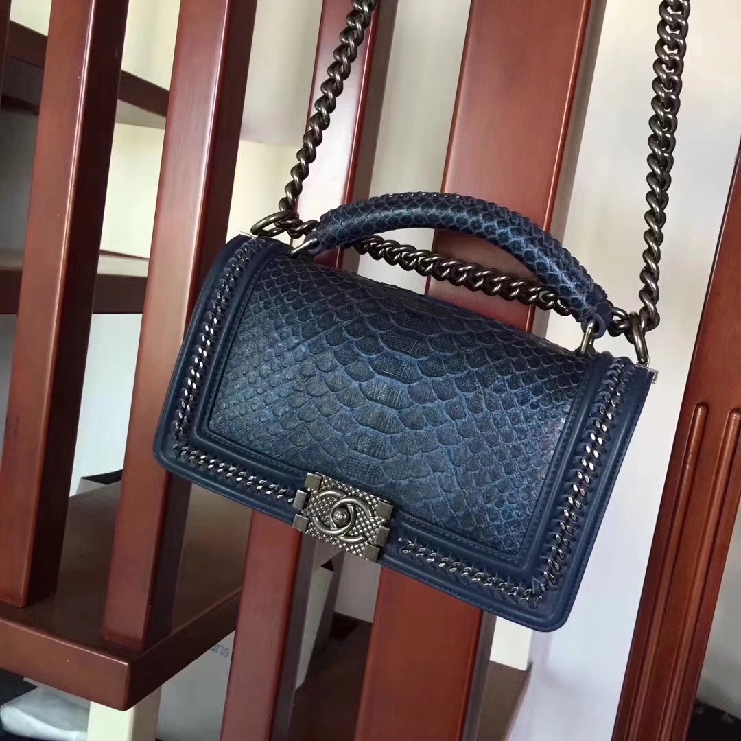 Chanel Blue Python 25cm Boy Bag with Top Handle Bronze Hardware