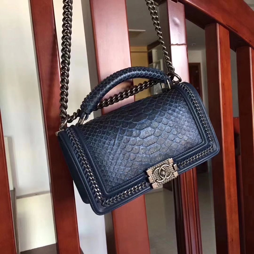 Chanel Blue Python 25cm Boy Bag with Top Handle Bronze Hardware