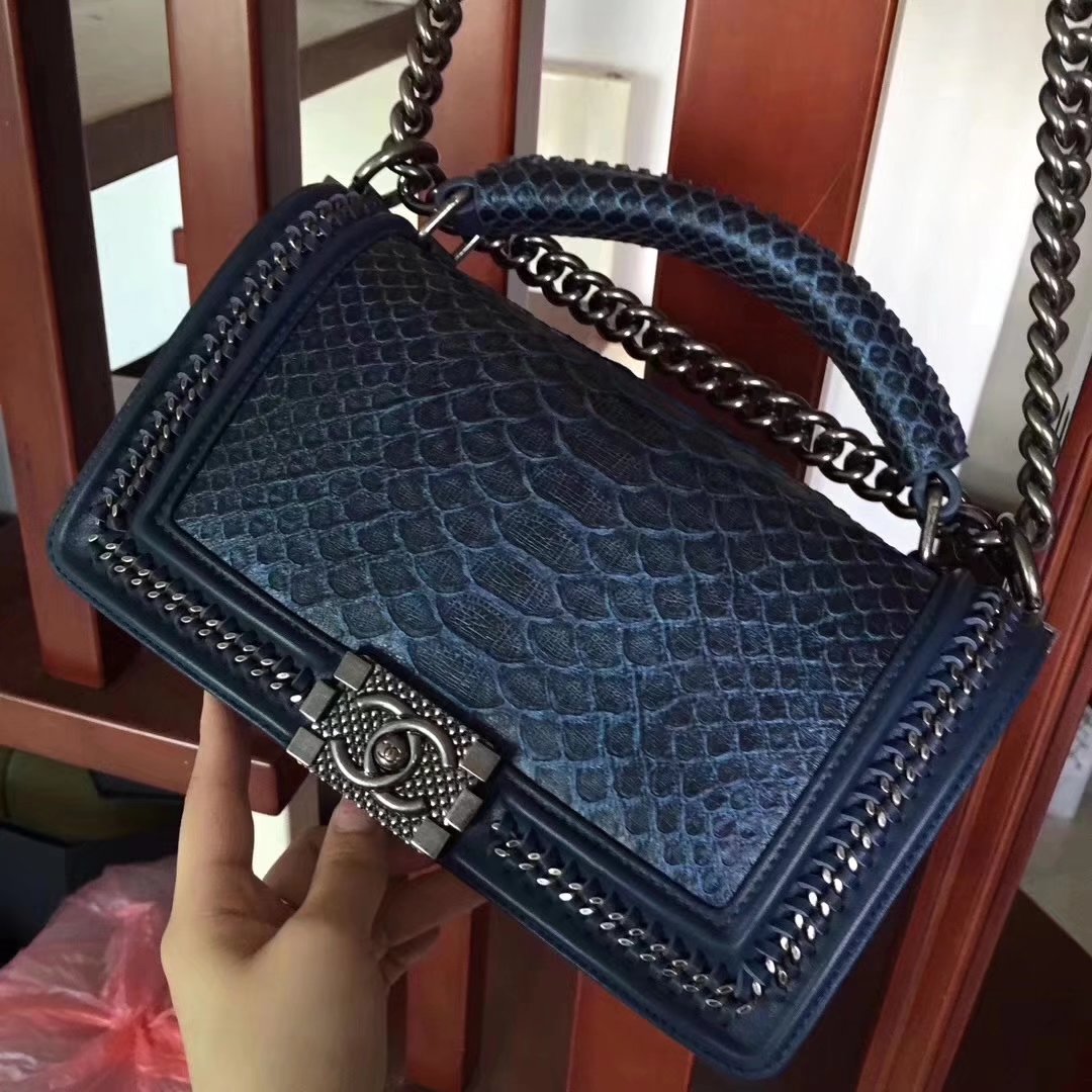 Chanel Blue Python 25cm Boy Bag with Top Handle Bronze Hardware