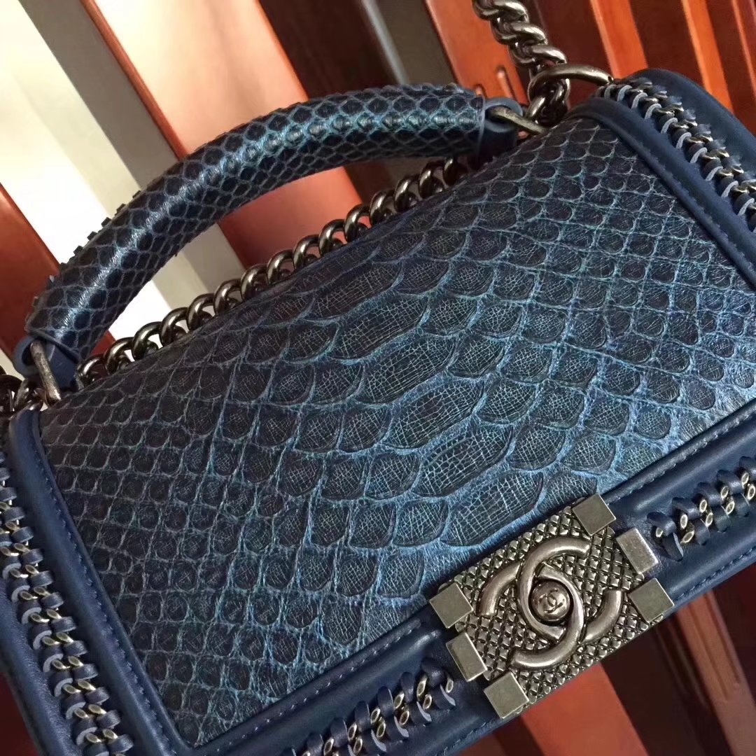 Chanel Blue Python 25cm Boy Bag with Top Handle Bronze Hardware