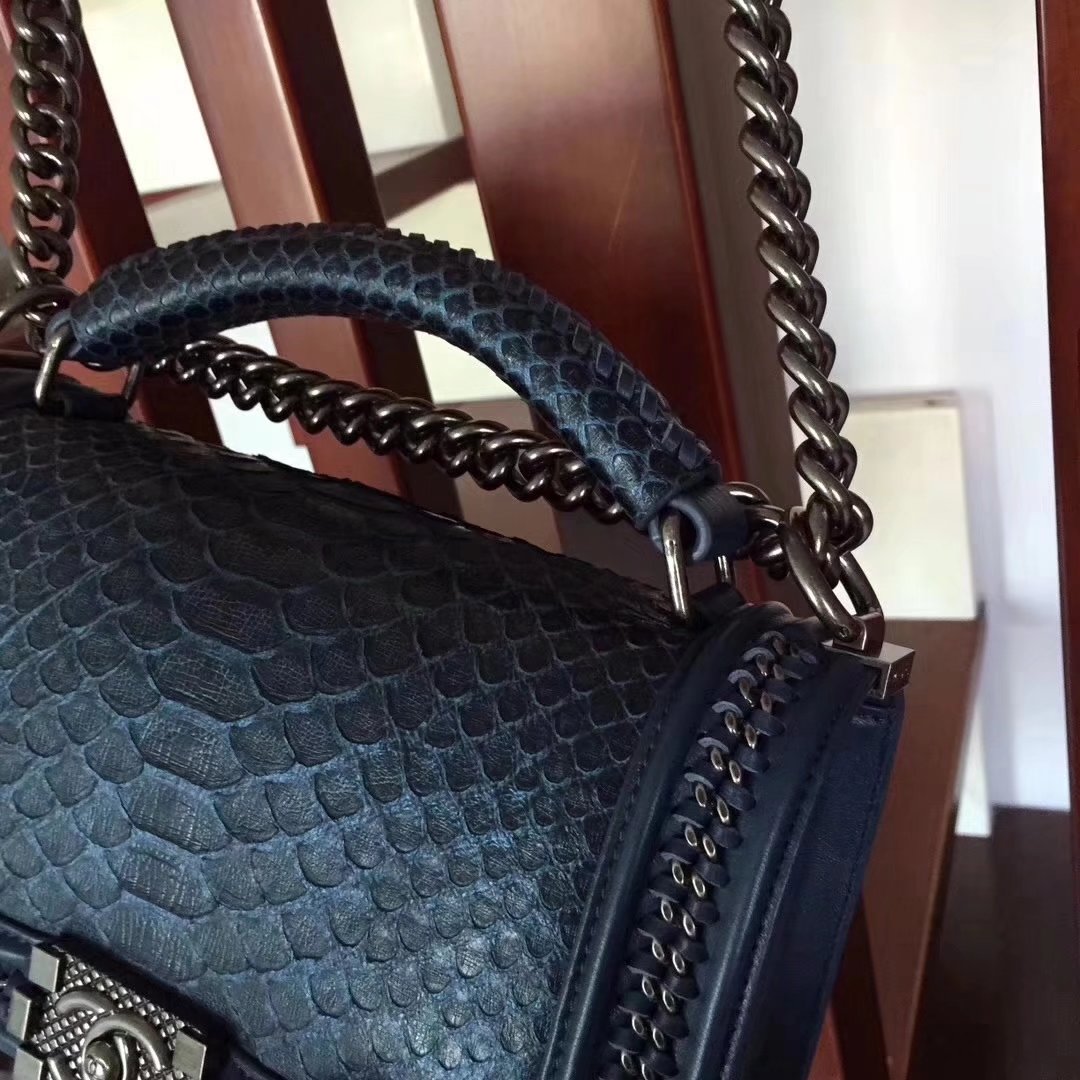 Chanel Blue Python 25cm Boy Bag with Top Handle Bronze Hardware