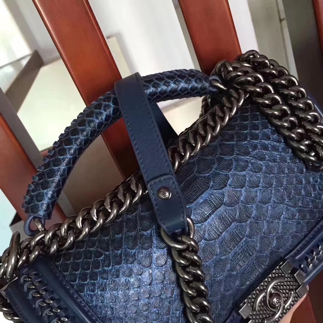 Chanel Blue Python 25cm Boy Bag with Top Handle Bronze Hardware