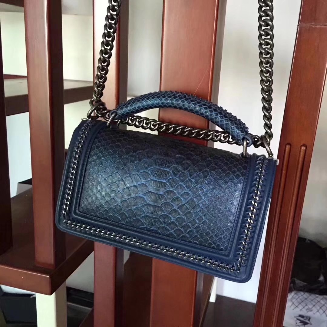 Chanel Blue Python 25cm Boy Bag with Top Handle Bronze Hardware