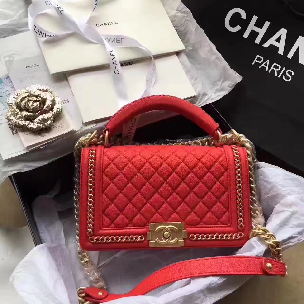 Chanel Boy Chanel Red Handbag With Handle