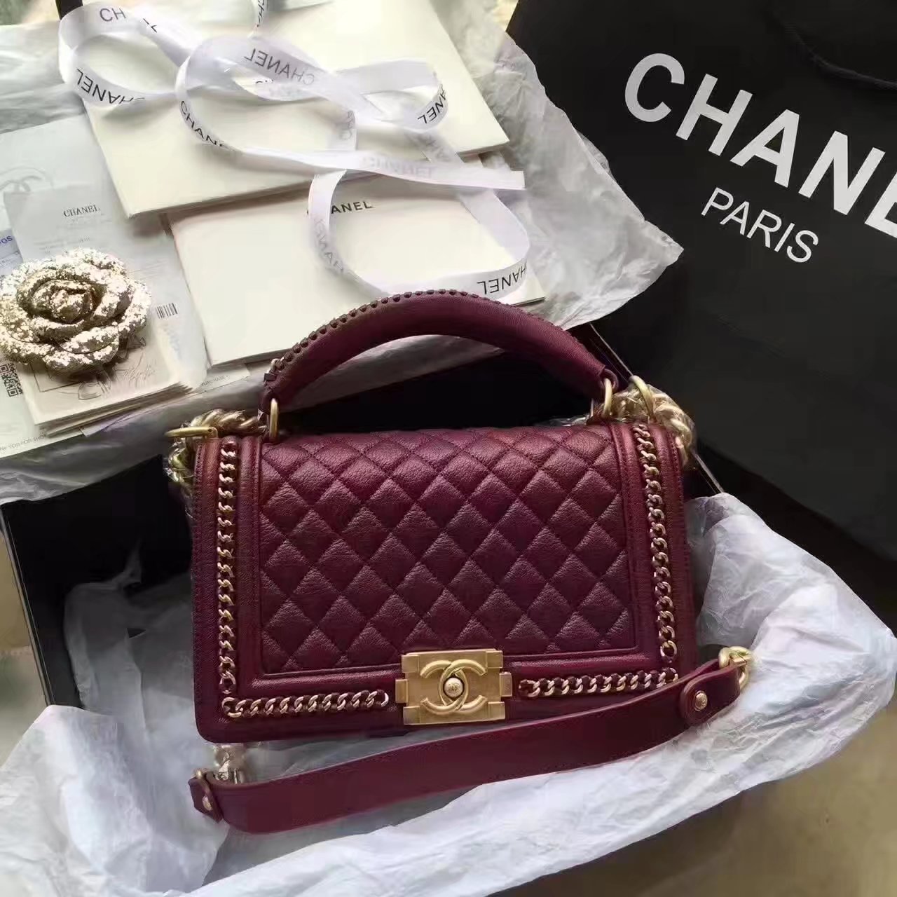 Chanel Boy Chanel Wine Red Handbag With Handle