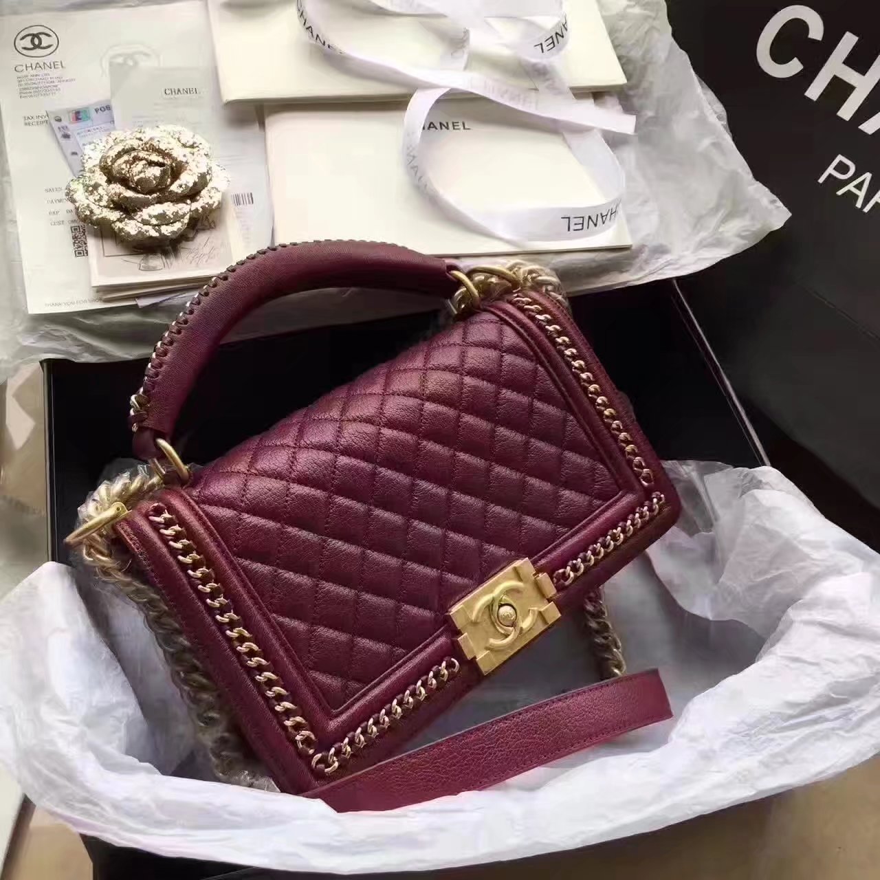 Chanel Boy Chanel Wine Red Handbag With Handle