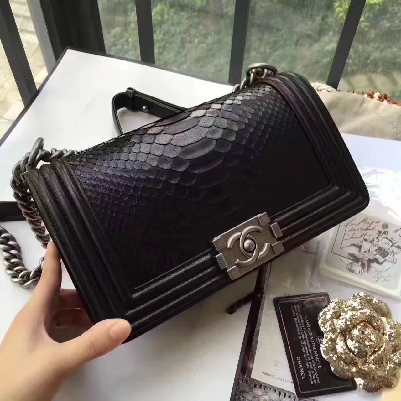 Chanel Boy Python Lambskin Handbag Black With Silver