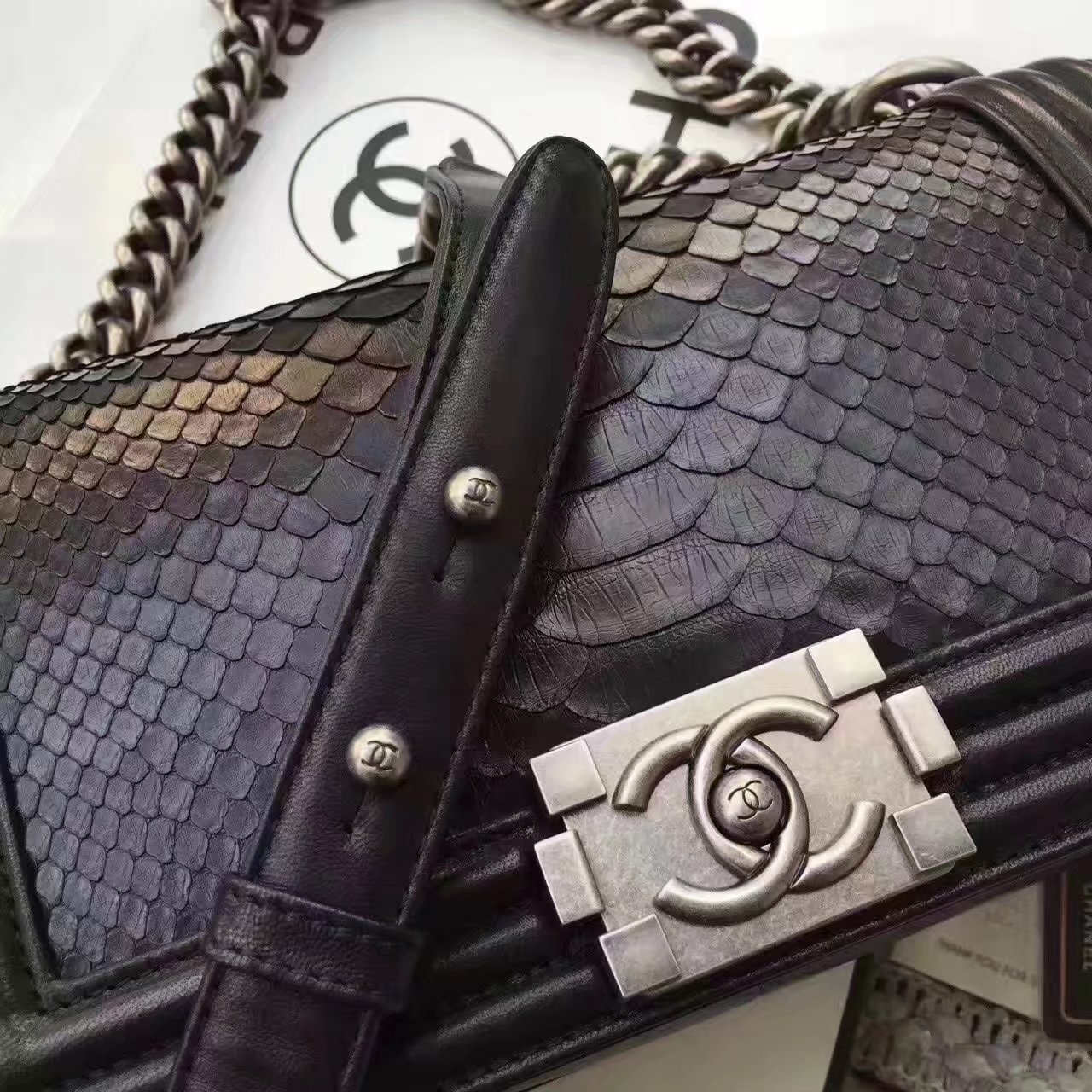 Chanel Boy Python Lambskin Handbag Black With Silver