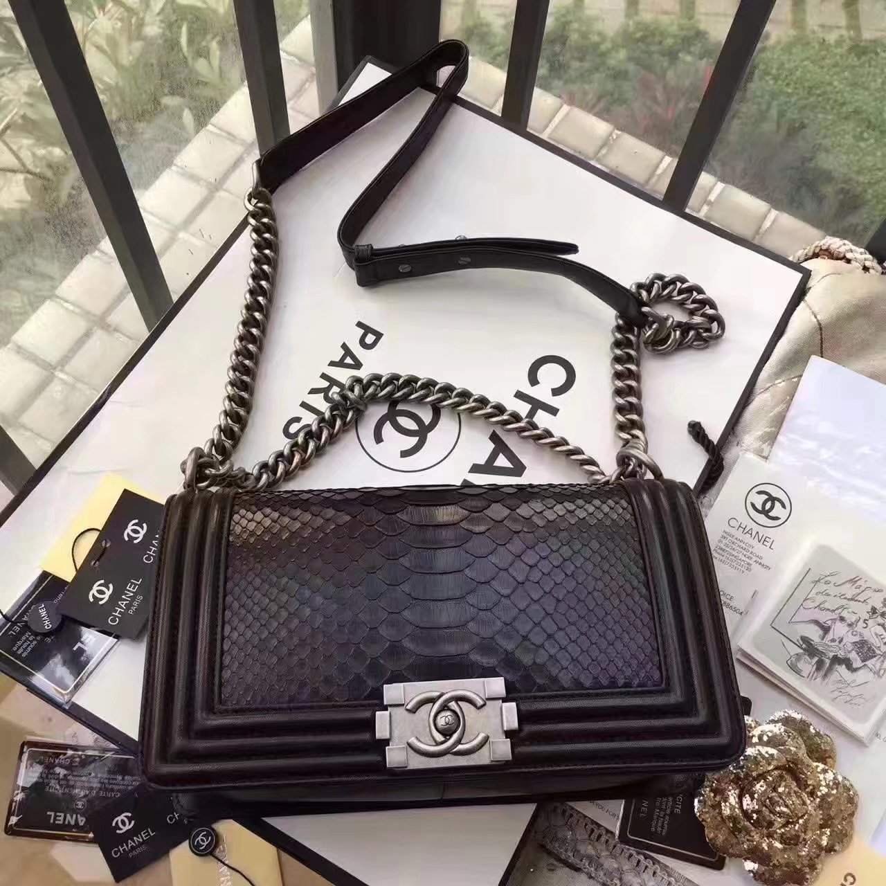 Chanel Boy Python Lambskin Handbag Black With Silver