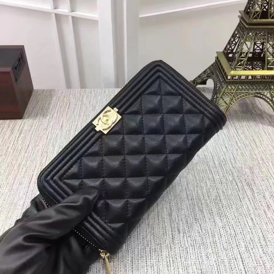 Chanel Boy Zipper Wallet Lambskin With Gold Metal Black