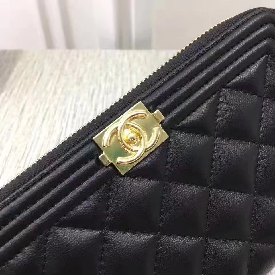 Chanel Boy Zipper Wallet Lambskin With Gold Metal Black