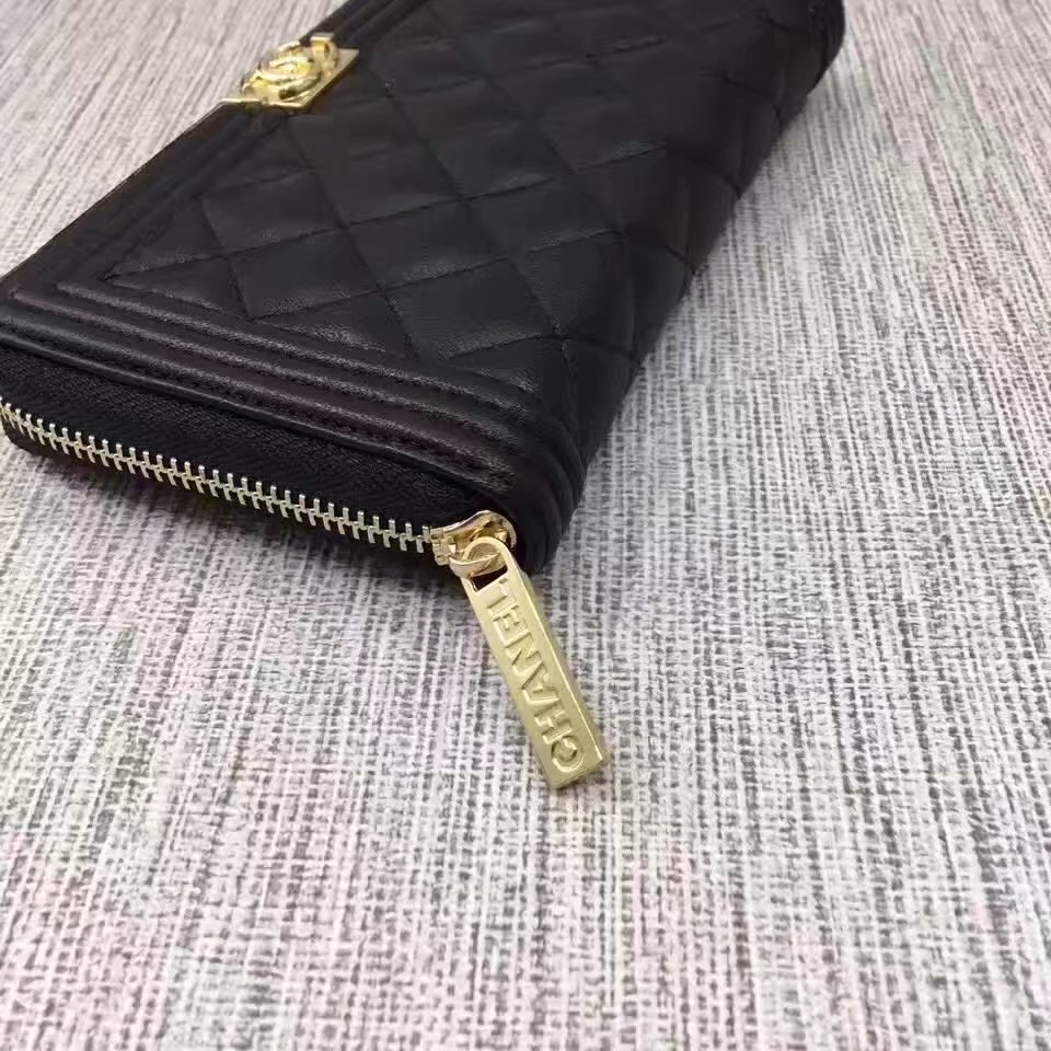 Chanel Boy Zipper Wallet Lambskin With Gold Metal Black