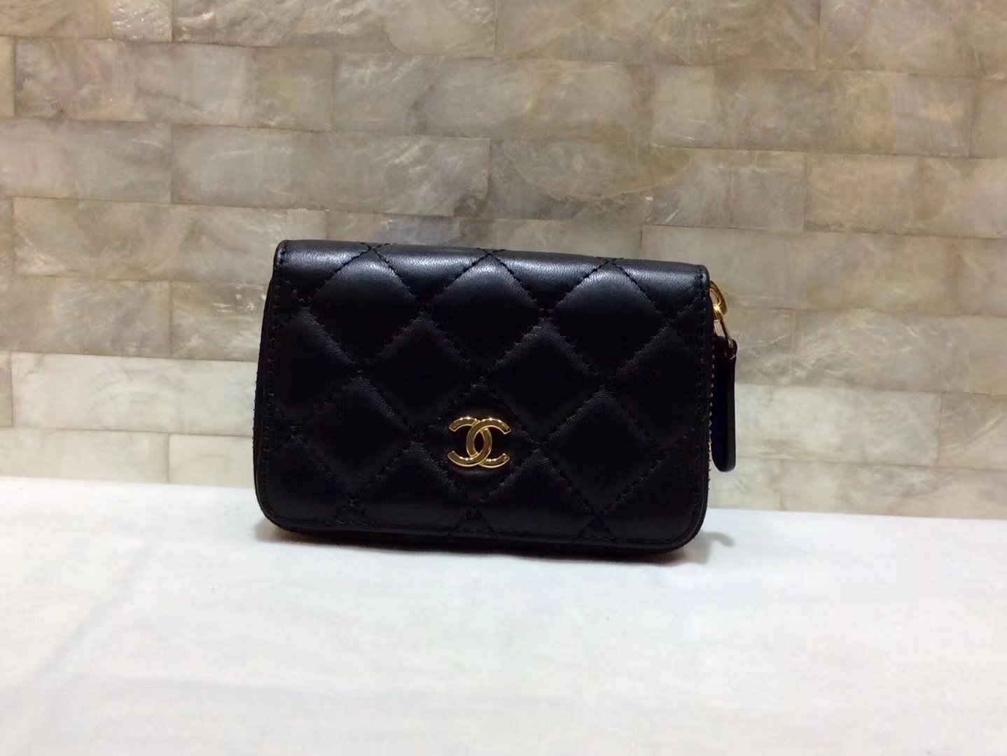 Chanel Calfskin Women Wallet Black With Gold Tone Metal