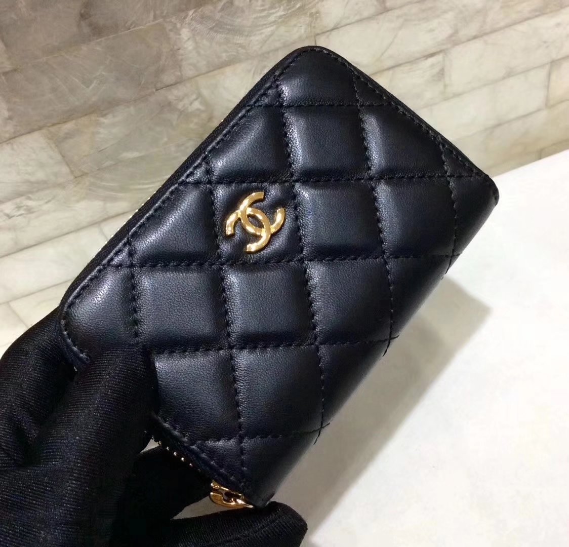 Chanel Calfskin Women Wallet Black With Gold Tone Metal