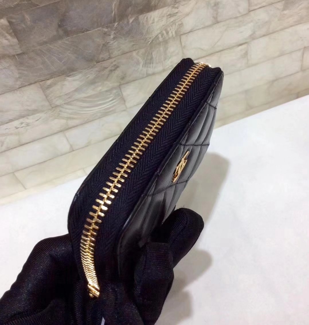 Chanel Calfskin Women Wallet Black With Gold Tone Metal