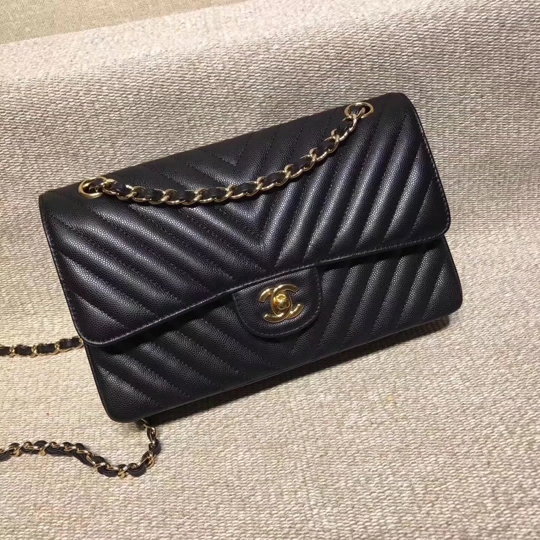 Chanel Chevron Flap 25cm in Black Lambskin Bag With Gold Tone Metal