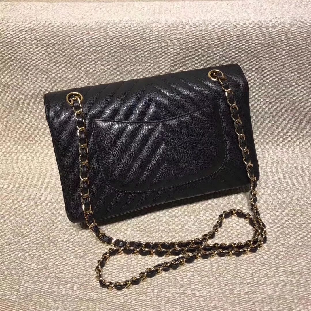 Chanel Chevron Flap 25cm in Black Lambskin Bag With Gold Tone Metal