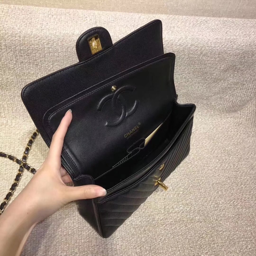 Chanel Chevron Flap 25cm in Black Lambskin Bag With Gold Tone Metal