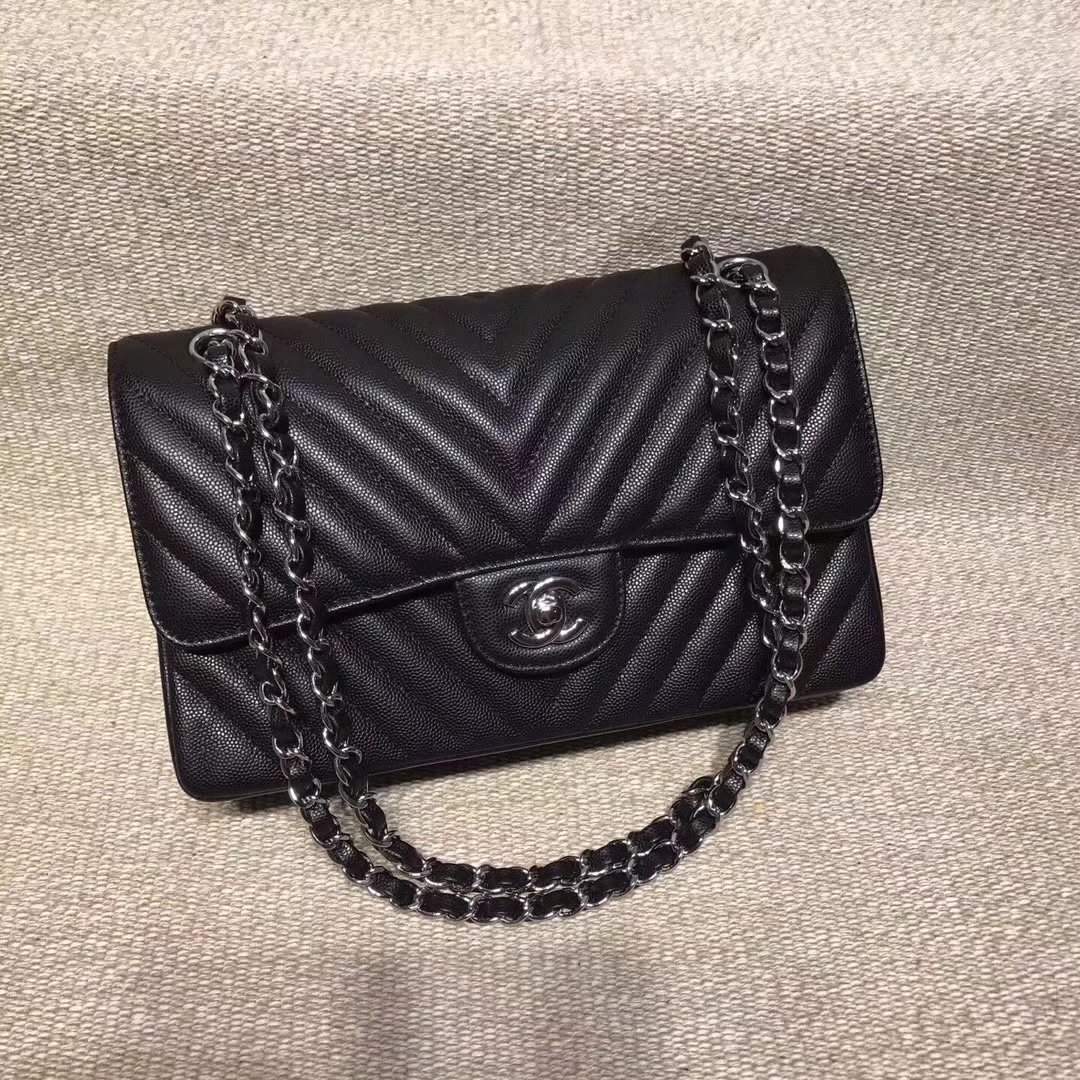 Chanel Chevron Flap 25cm in Black Lambskin Bag With Silver Tone Metal