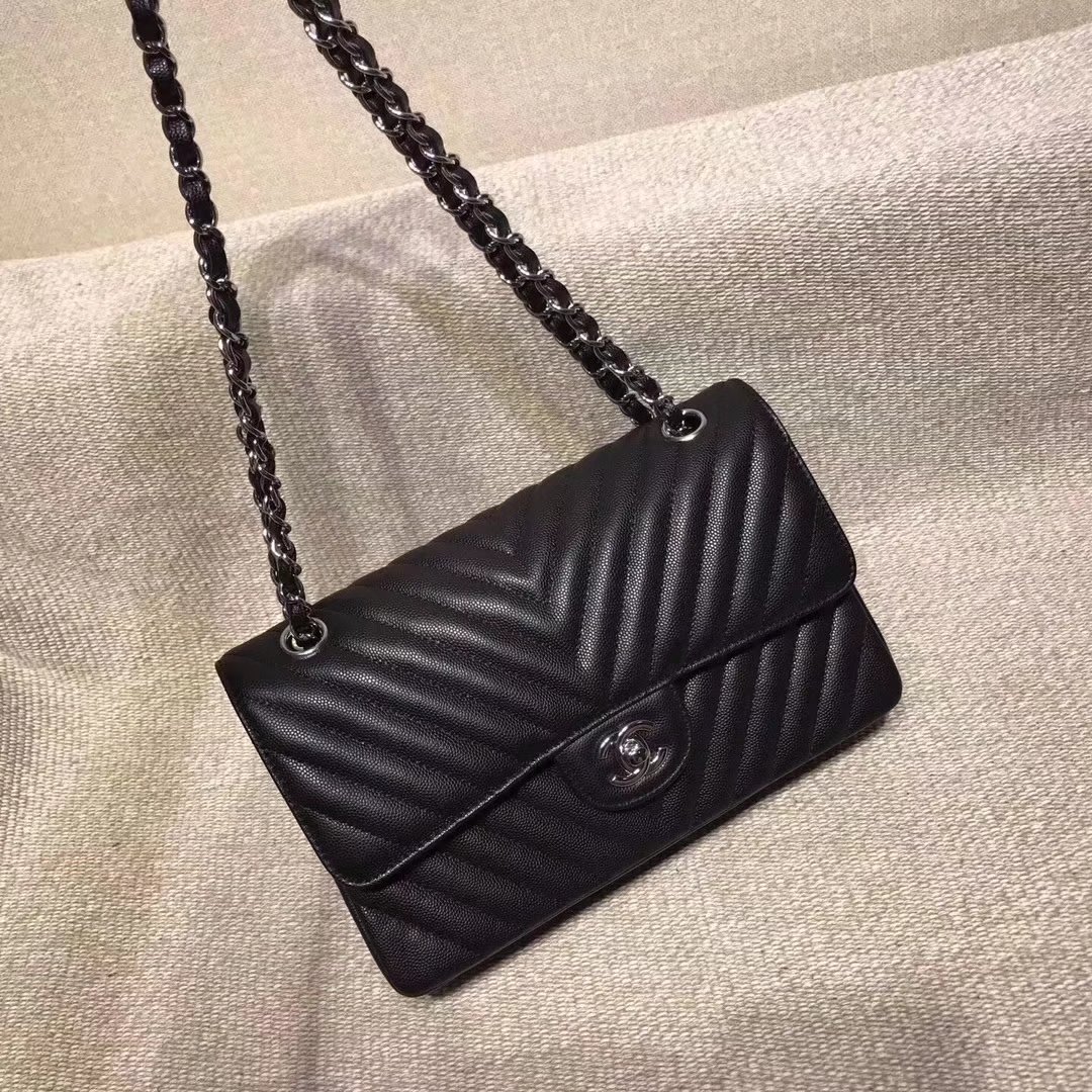 Chanel Chevron Flap 25cm in Black Lambskin Bag With Silver Tone Metal