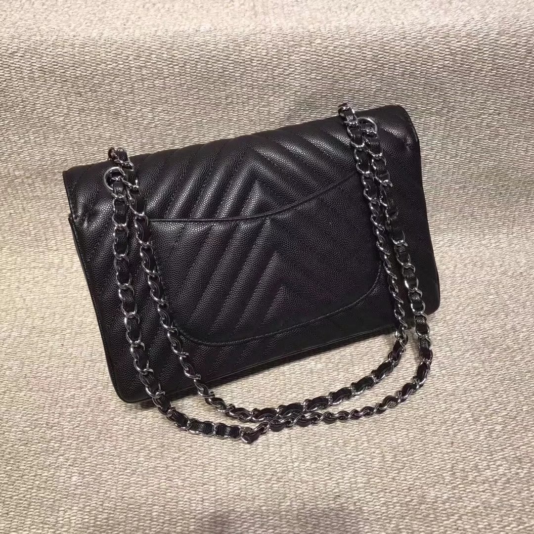 Chanel Chevron Flap 25cm in Black Lambskin Bag With Silver Tone Metal