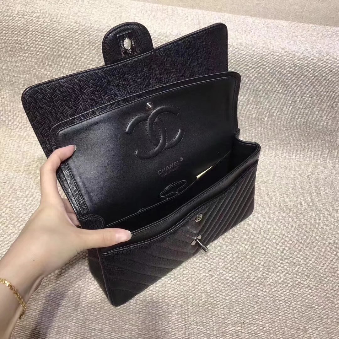 Chanel Chevron Flap 25cm in Black Lambskin Bag With Silver Tone Metal