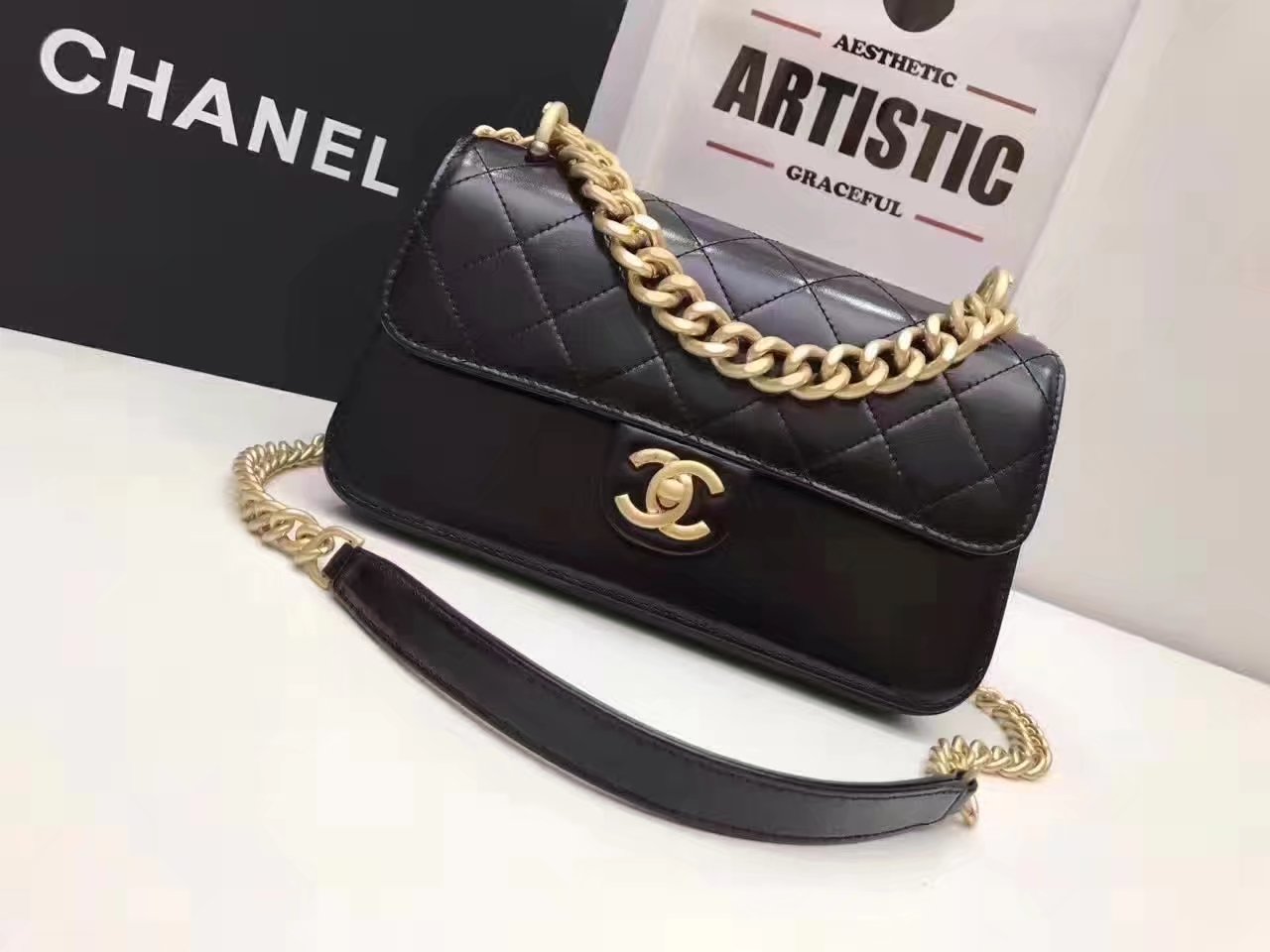 Chanel Flap Bag With Chain Tote Black Calfskin Gold Metal