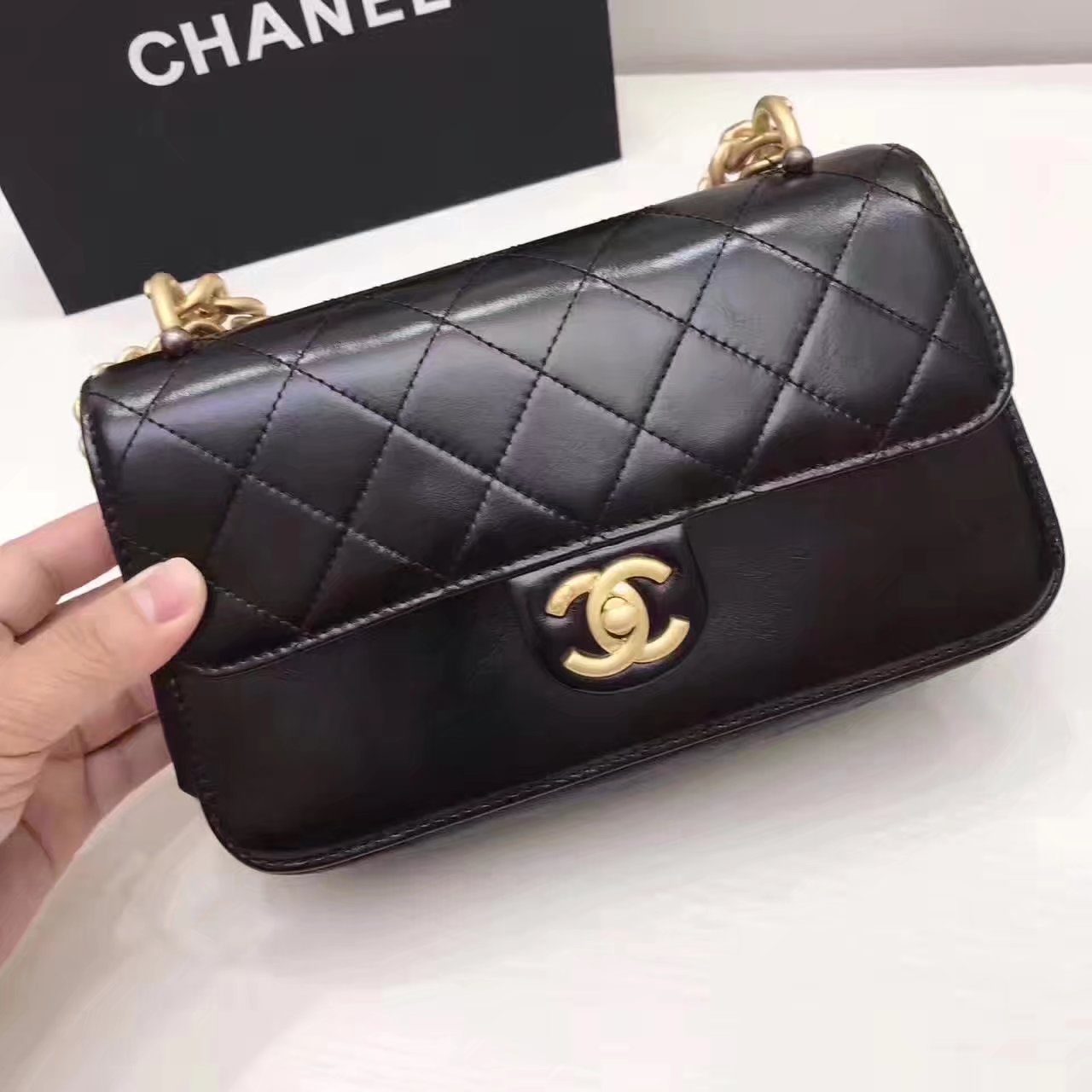 Chanel Flap Bag With Chain Tote Black Calfskin Gold Metal