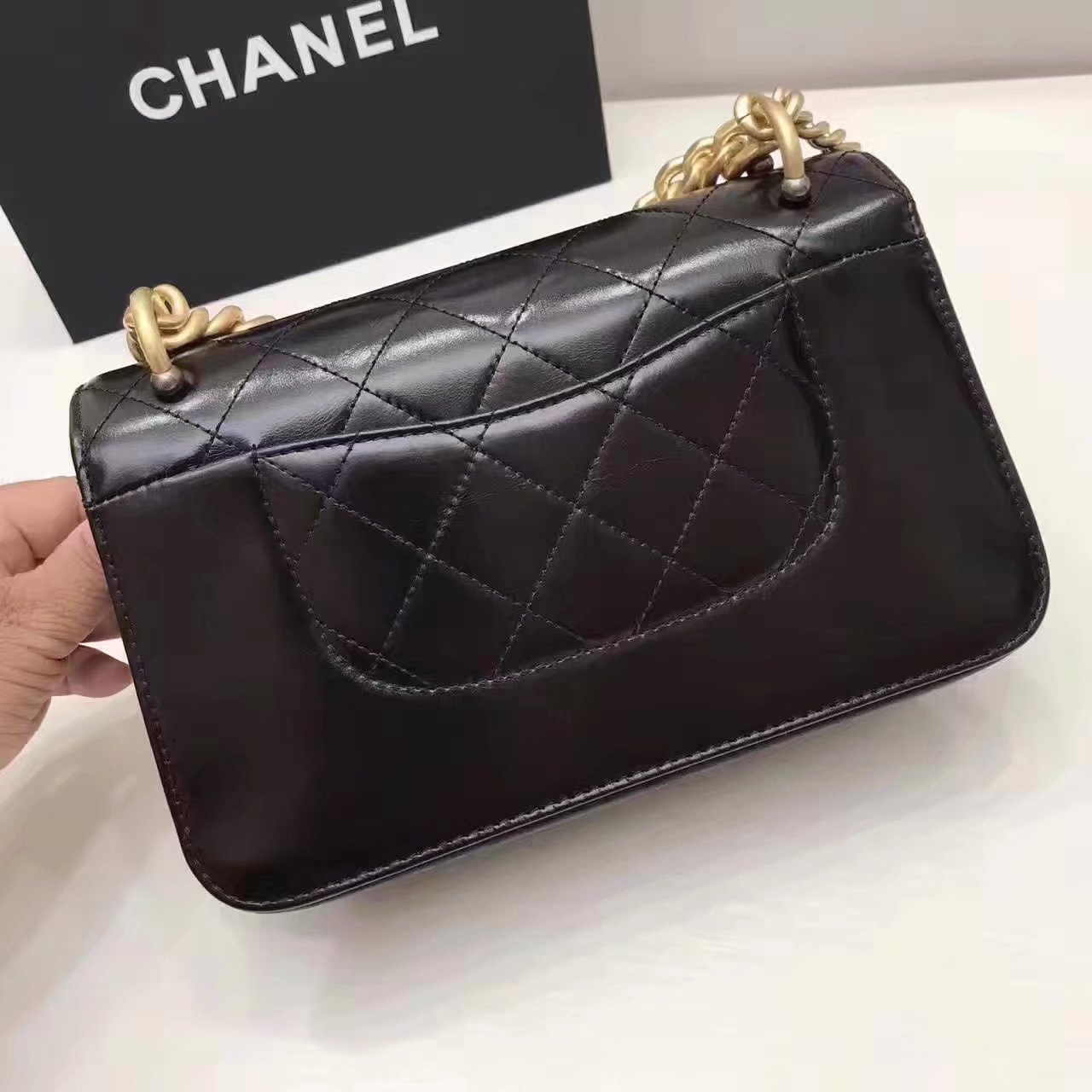 Chanel Flap Bag With Chain Tote Black Calfskin Gold Metal