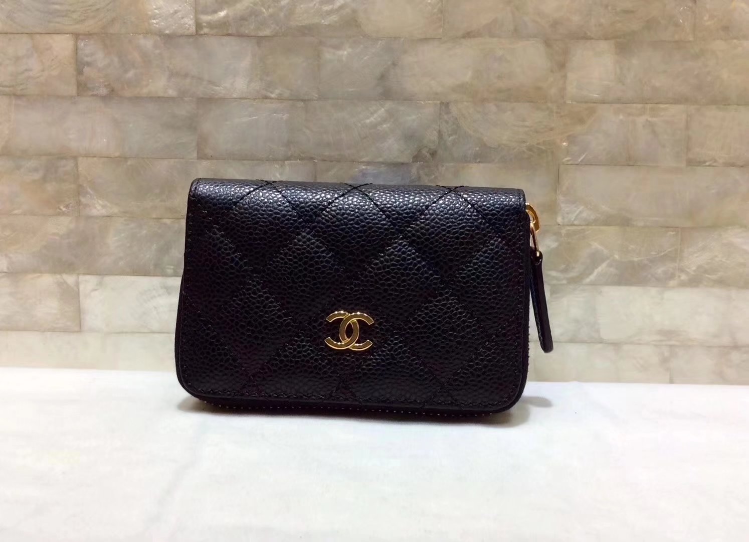 Chanel Grained Calfskin Women Wallet Black With Gold Tone Metal