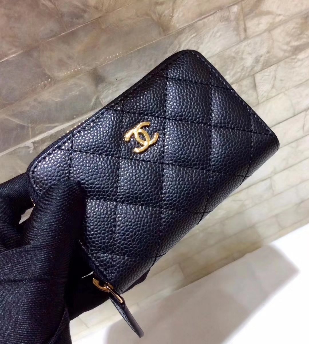 Chanel Grained Calfskin Women Wallet Black With Gold Tone Metal