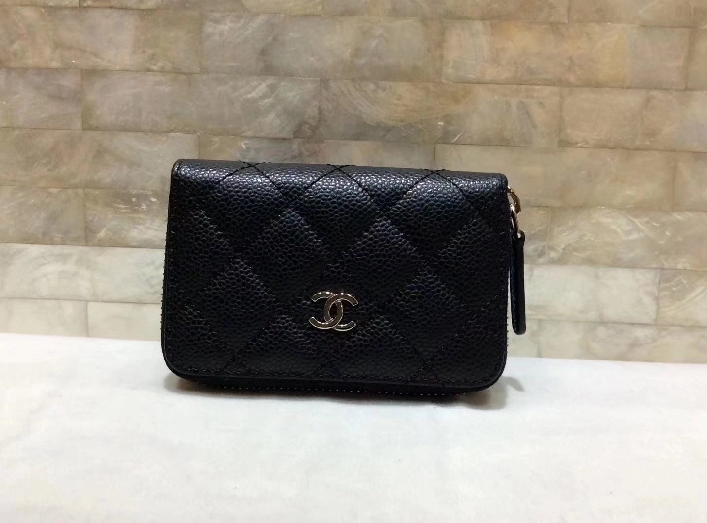 Chanel Grained Calfskin Women Wallet Black With Silver Tone Metal