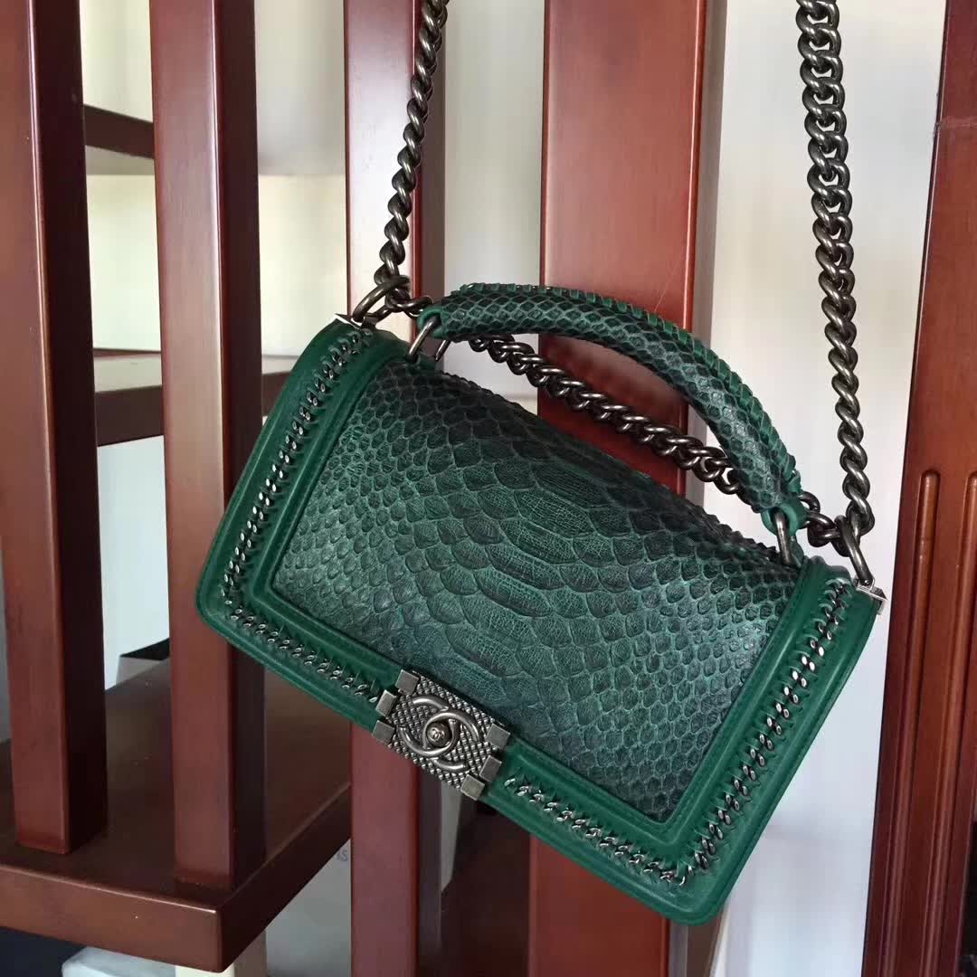 Chanel Green Python 25cm Boy Bag with Top Handle Bronze Hardware