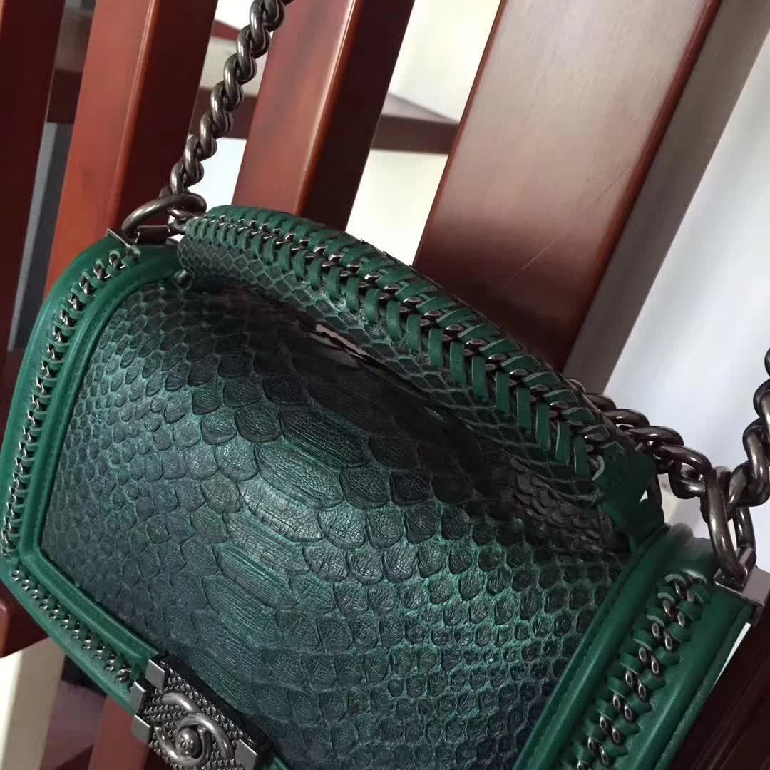 Chanel Green Python 25cm Boy Bag with Top Handle Bronze Hardware