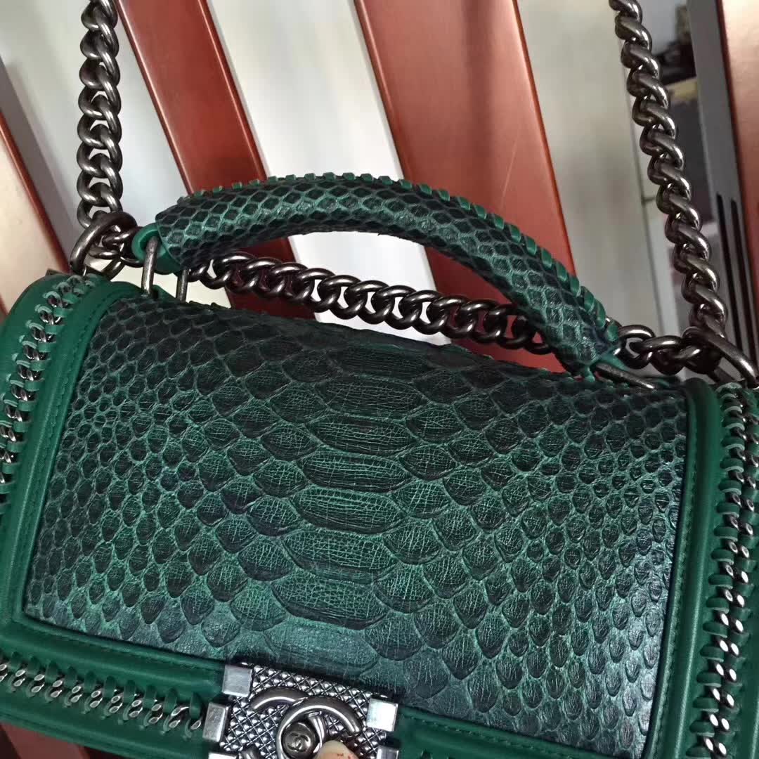 Chanel Green Python 25cm Boy Bag with Top Handle Bronze Hardware