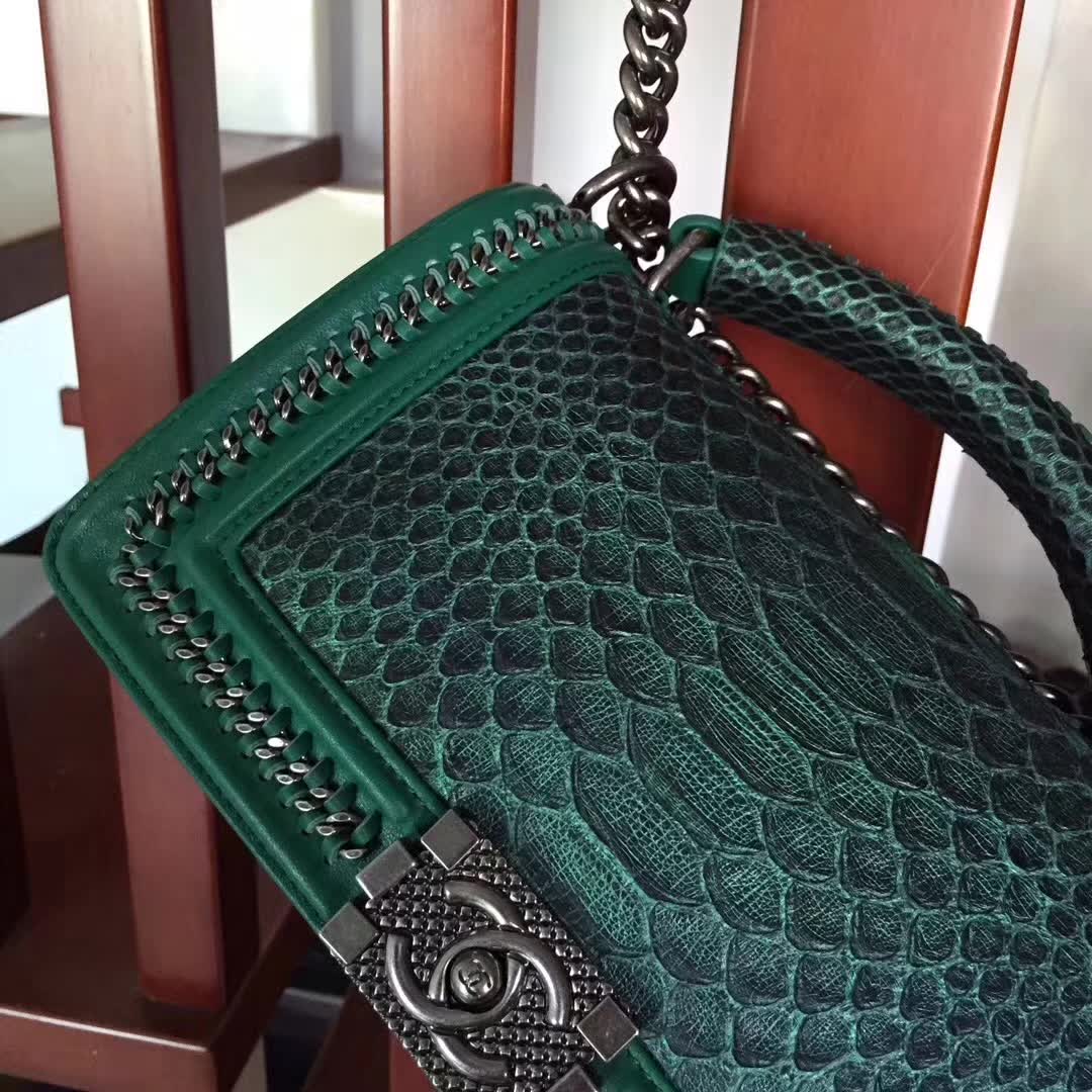 Chanel Green Python 25cm Boy Bag with Top Handle Bronze Hardware